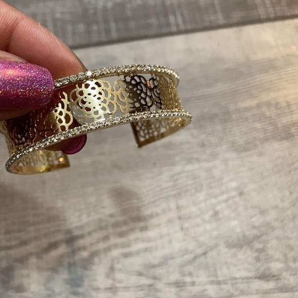 Gold Camellia Flower Rhinestone Cuff Bracelet - Picture 7 of 12